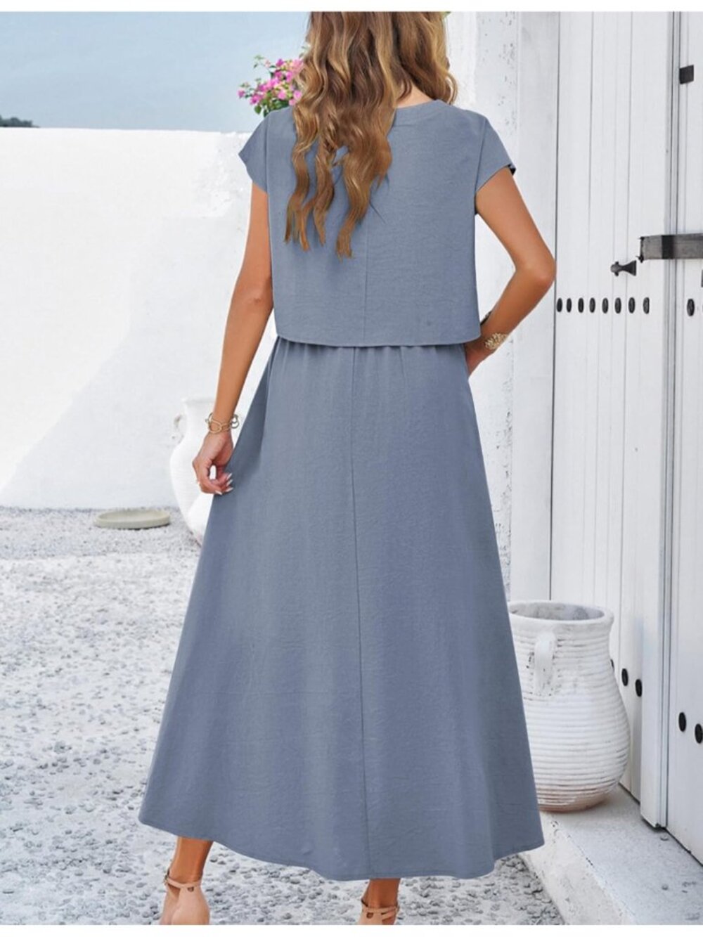Women's Grey Blue 2 Piece Outfits Skirt Set Summer Casual Cap Sleeve Crop Tops - Picture 4 of 4